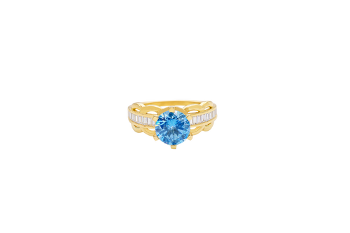 14KT Gold Ring Women's Round Light Blue 6 Prong Center CZ Scallop Border Baguette Band