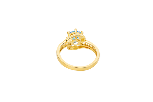 14KT Gold Ring Women's Round Light Blue CZ Center Stone and Single Row White CZ Baguettes with "S" Band