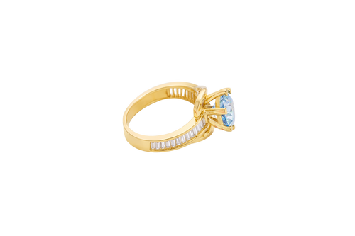 14KT Gold Ring Women's Round Light Blue CZ Center Stone and Single Row White CZ Baguettes with "S" Band