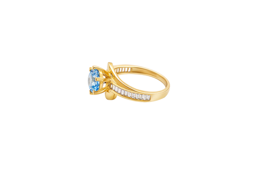 14KT Gold Ring Women's Round Light Blue CZ Center Stone and Single Row White CZ Baguettes with "S" Band