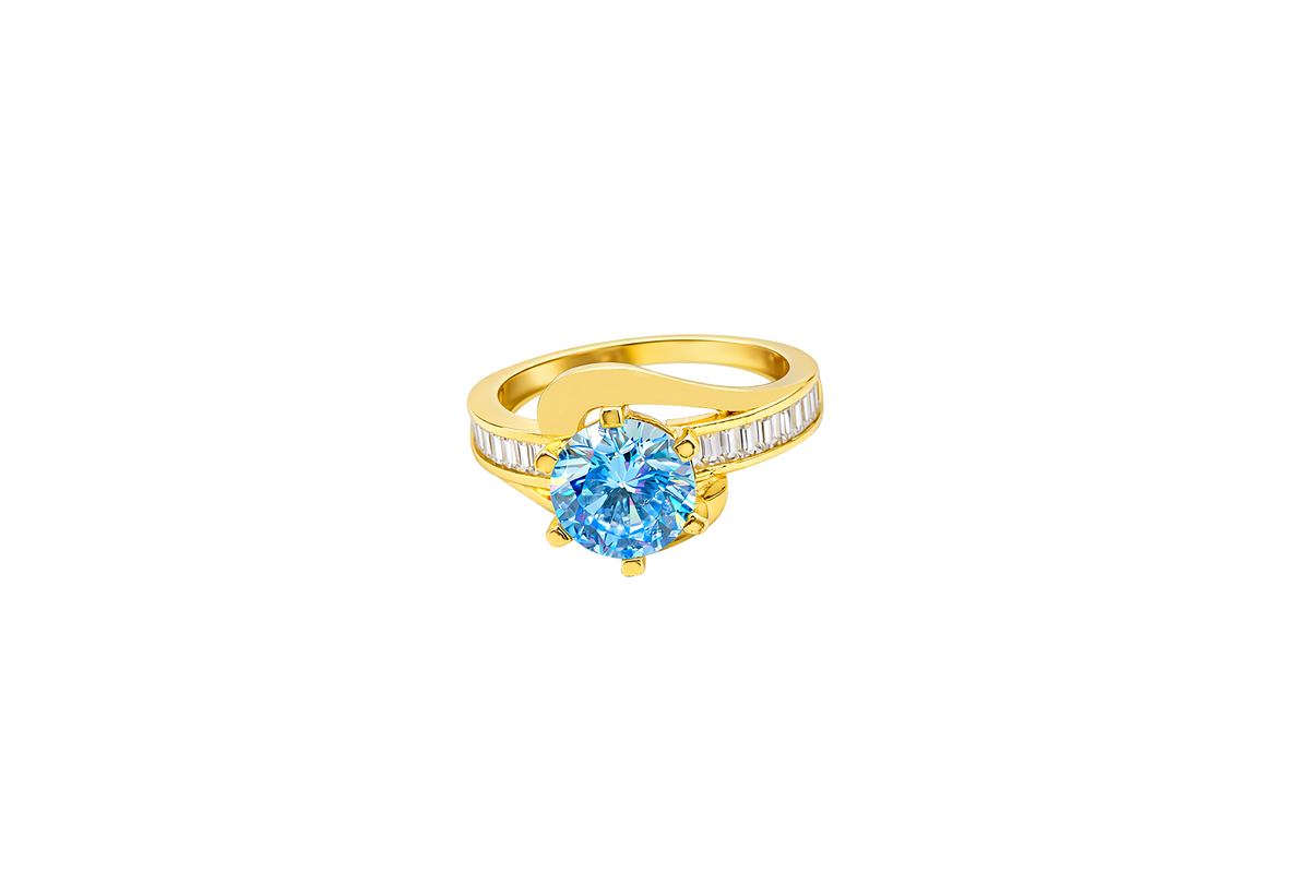 14KT Gold Ring Women's Round Light Blue CZ Center Stone and Single Row White CZ Baguettes with "S" Band