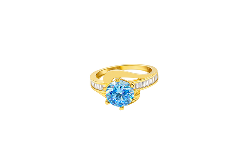 14KT Gold Ring Women's Round Light Blue CZ Center Stone and Single Row White CZ Baguettes with "S" Band