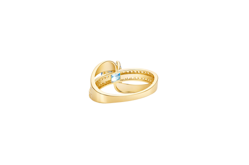 14KT Gold Ring Women's Round Light Blue CZ Center Stone Double White CZ Stone Band with Plain "S" Ribbon