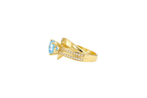 14KT Gold Ring Women's Round Light Blue CZ Center Stone Double White CZ Stone Band with Plain "S" Ribbon