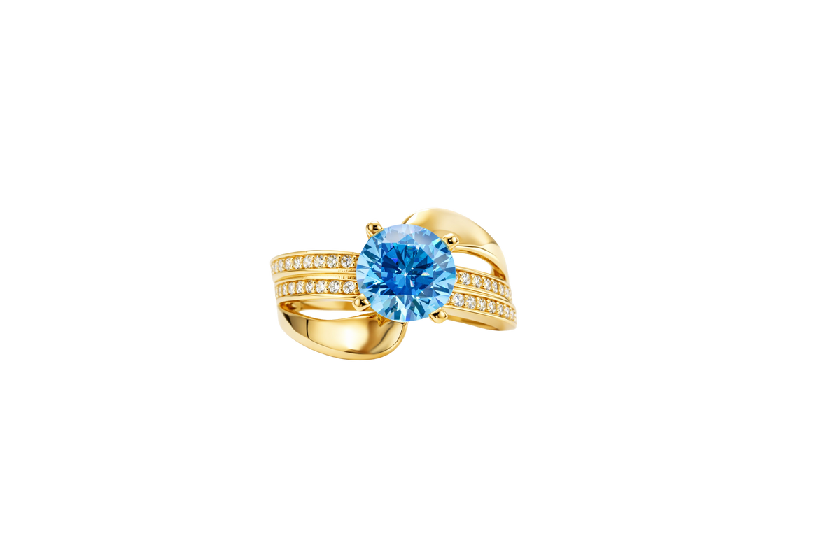 14KT Gold Ring Women's Round Light Blue CZ Center Stone Double White CZ Stone Band with Plain "S" Ribbon