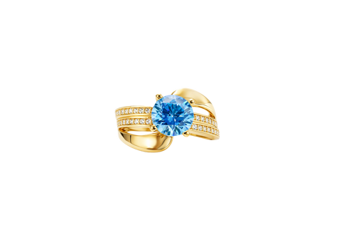 14KT Gold Ring Women's Round Light Blue CZ Center Stone Double White CZ Stone Band with Plain "S" Ribbon
