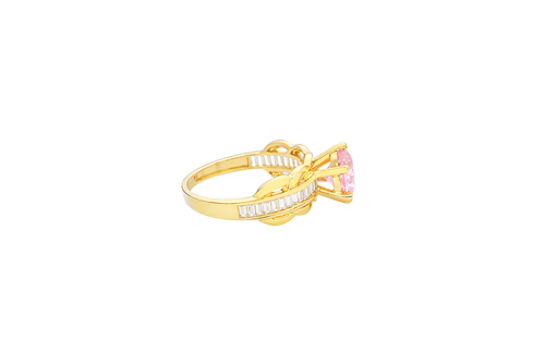 14KT Gold Ring Women's Round Pink 6 Prong Center CZ Scallop Border Baguette Band