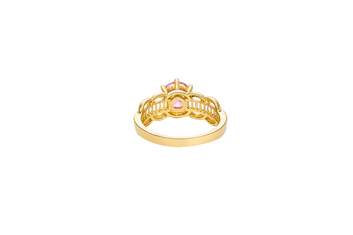 14KT Gold Ring Women's Round Pink 6 Prong Center CZ Scallop Border Baguette Band