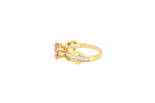 14KT Gold Ring Women's Round Pink 6 Prong Center CZ Scallop Border Baguette Band