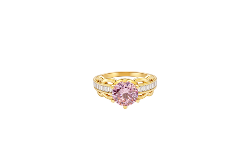14KT Gold Ring Women's Round Pink 6 Prong Center CZ Scallop Border Baguette Band