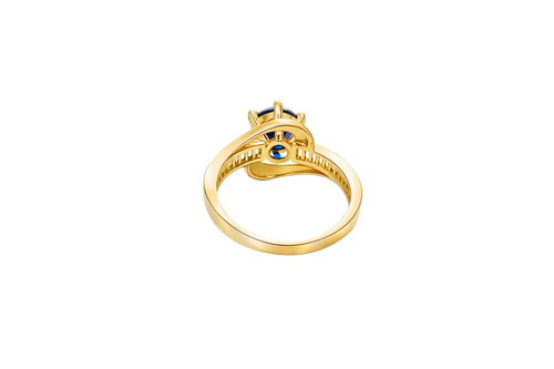 14KT Gold Ring Women's Round Navy Blue CZ Center Stone and Single Row White CZ Baguettes with "S" Band