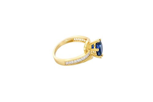 14KT Gold Ring Women's Round Navy Blue CZ Center Stone and Single Row White CZ Baguettes with "S" Band