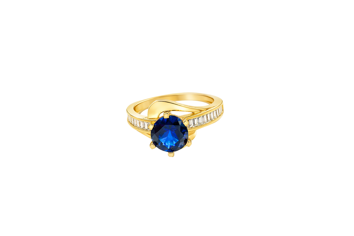 14KT Gold Ring Women's Round Navy Blue CZ Center Stone and Single Row White CZ Baguettes with "S" Band