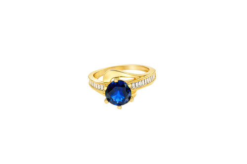14KT Gold Ring Women's Round Navy Blue CZ Center Stone and Single Row White CZ Baguettes with "S" Band
