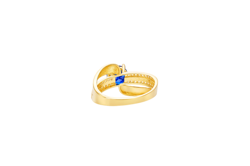 14KT Gold Ring Women's Round Navy Blue CZ Center Stone Double White CZ Stone Band with Plain "S" Ribbon