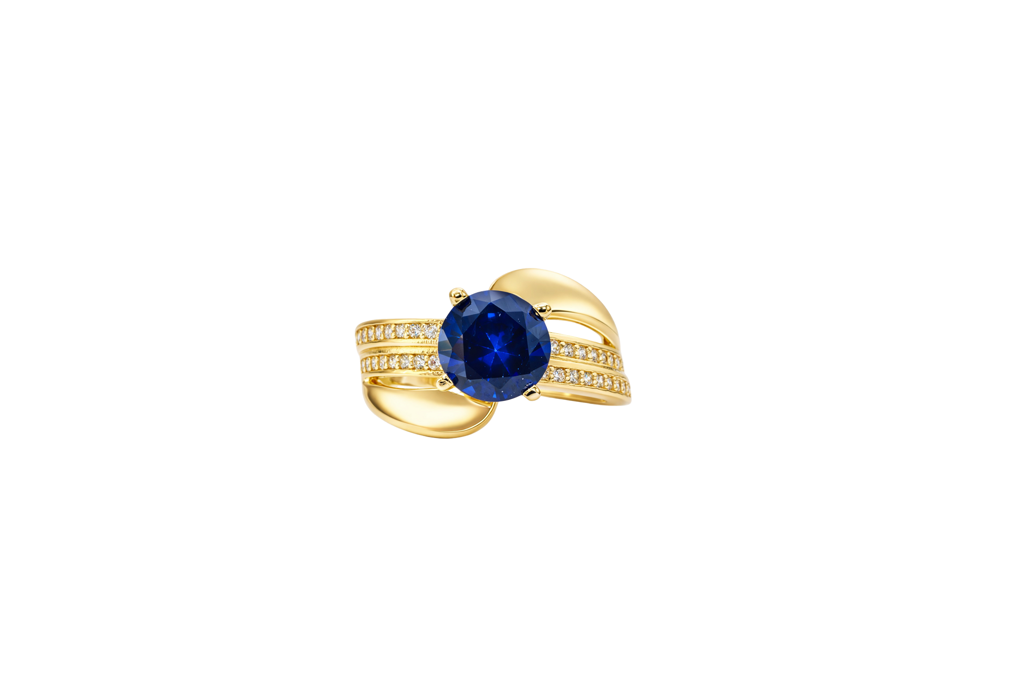 14KT Gold Ring Women's Round Navy Blue CZ Center Stone Double White CZ Stone Band with Plain "S" Ribbon