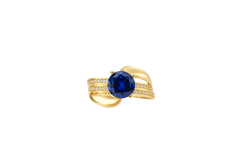 14KT Gold Ring Women's Round Navy Blue CZ Center Stone Double White CZ Stone Band with Plain "S" Ribbon