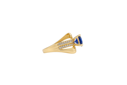 14KT Gold Ring Women's Round Navy Blue CZ Center Stone Double White CZ Stone Band with Plain "S" Ribbon