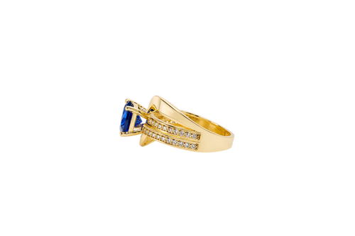 14KT Gold Ring Women's Round Navy Blue CZ Center Stone Double White CZ Stone Band with Plain "S" Ribbon