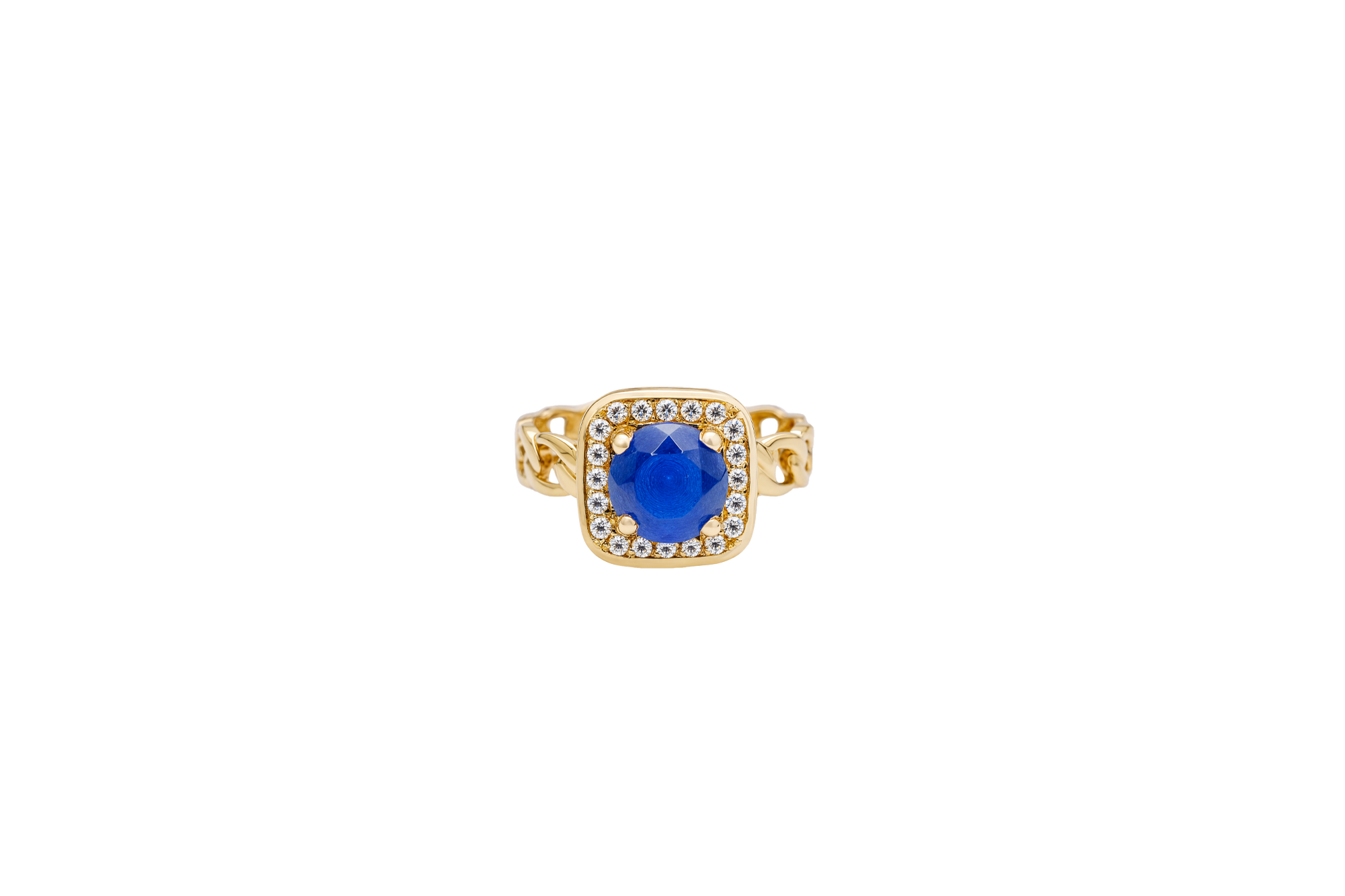 14KT Gold Ring Women's Navy Blue Round Center CZ Stone Square White Round CZ Stones Border Cuban Link Band