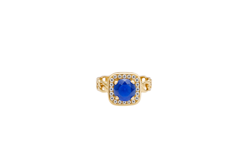 14KT Gold Ring Women's Navy Blue Round Center CZ Stone Square White Round CZ Stones Border Cuban Link Band