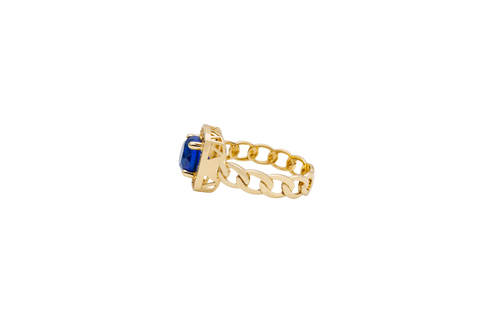 14KT Gold Ring Women's Navy Blue Round Center CZ Stone Square White Round CZ Stones Border Cuban Link Band