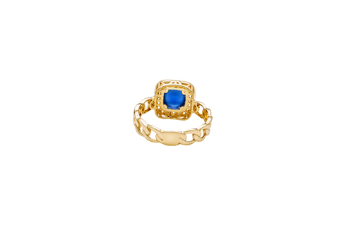 14KT Gold Ring Women's Navy Blue Round Center CZ Stone Square White Round CZ Stones Border Cuban Link Band