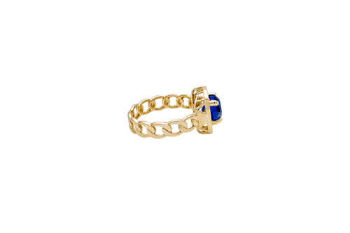 14KT Gold Ring Women's Navy Blue Round Center CZ Stone Square White Round CZ Stones Border Cuban Link Band