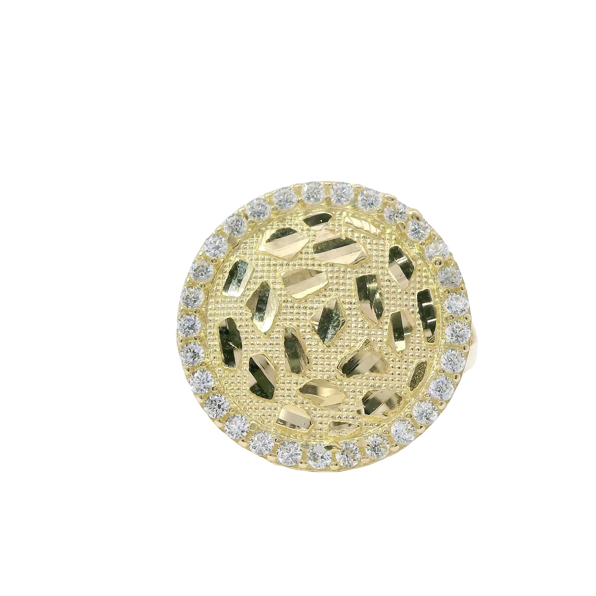 14KT Gold Ring Women's Round Nugget with White CZ Stone Border and Split Band