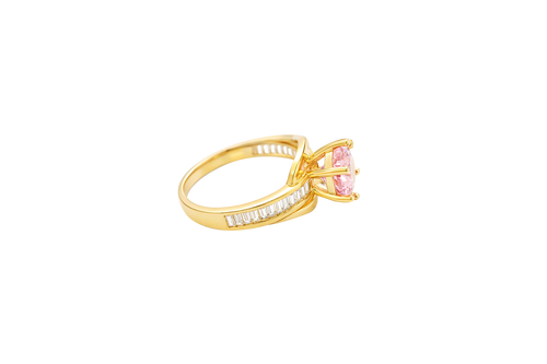 14KT Gold Ring Women's Round Pink CZ Center Stone and Single Row White CZ Baguettes with "S" Band
