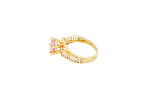 14KT Gold Ring Women's Round Pink CZ Center Stone and Single Row White CZ Baguettes with "S" Band
