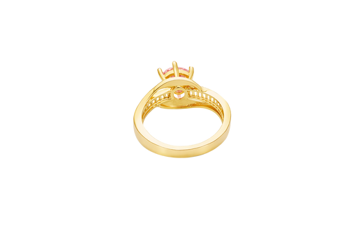 14KT Gold Ring Women's Round Pink CZ Center Stone and Single Row White CZ Baguettes with "S" Band
