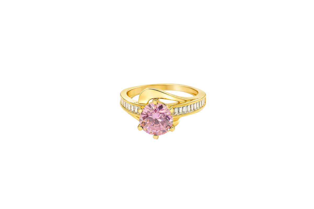 14KT Gold Ring Women's Round Pink CZ Center Stone and Single Row White CZ Baguettes with "S" Band
