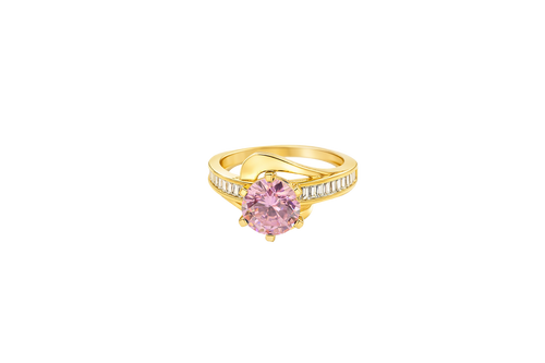 14KT Gold Ring Women's Round Pink CZ Center Stone and Single Row White CZ Baguettes with "S" Band