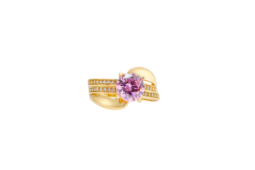 14KT Gold Ring Women's Round Light Pink CZ Center Stone Double White CZ Stone Band with Plain "S" Ribbon