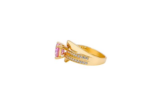 14KT Gold Ring Women's Round Light Pink CZ Center Stone Double White CZ Stone Band with Plain "S" Ribbon