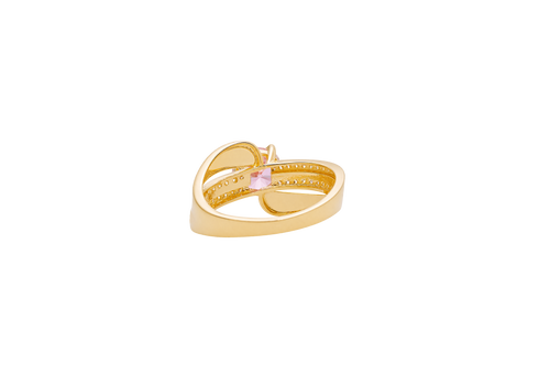 14KT Gold Ring Women's Round Light Pink CZ Center Stone Double White CZ Stone Band with Plain "S" Ribbon