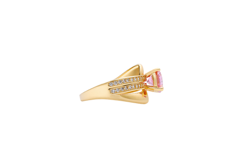 14KT Gold Ring Women's Round Light Pink CZ Center Stone Double White CZ Stone Band with Plain "S" Ribbon