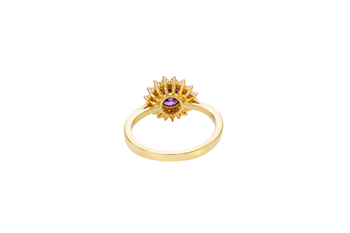 14KT Gold Ring Women's Round Purple Center CZ with Round Double CZ Border Plain Band