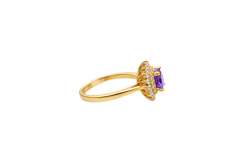 14KT Gold Ring Women's Round Purple Center CZ with Round Double CZ Border Plain Band