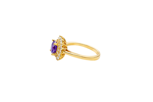 14KT Gold Ring Women's Round Purple Center CZ with Round Double CZ Border Plain Band