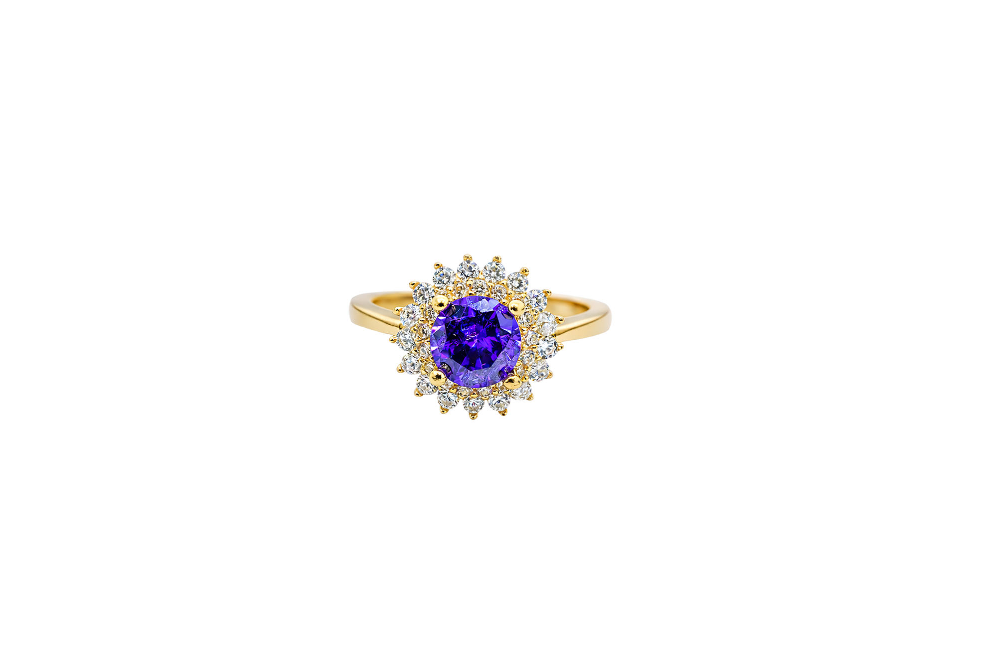 14KT Gold Ring Women's Round Purple Center CZ with Round Double CZ Border Plain Band