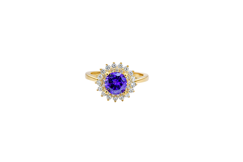 14KT Gold Ring Women's Round Purple Center CZ with Round Double CZ Border Plain Band