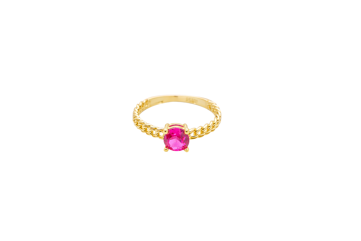 14KT Gold Ring Women's Round Red 4 Prong Center Stone with Chino Band