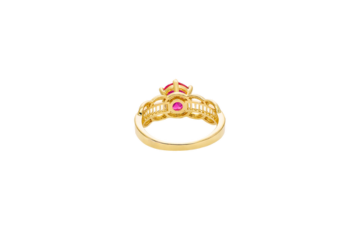 14KT Gold Ring Women's Round Red 6 Prong Center CZ Scallop Border Baguette Band