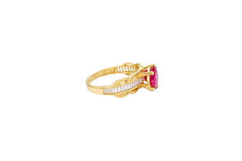 14KT Gold Ring Women's Round Red 6 Prong Center CZ Scallop Border Baguette Band