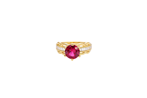 14KT Gold Ring Women's Round Red 6 Prong Center CZ Scallop Border Baguette Band