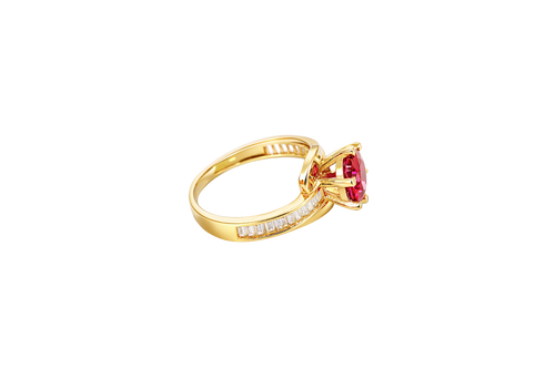 14KT Gold Ring Women's Round Red CZ Center Stone and Single Row White CZ Baguettes with "S" Band