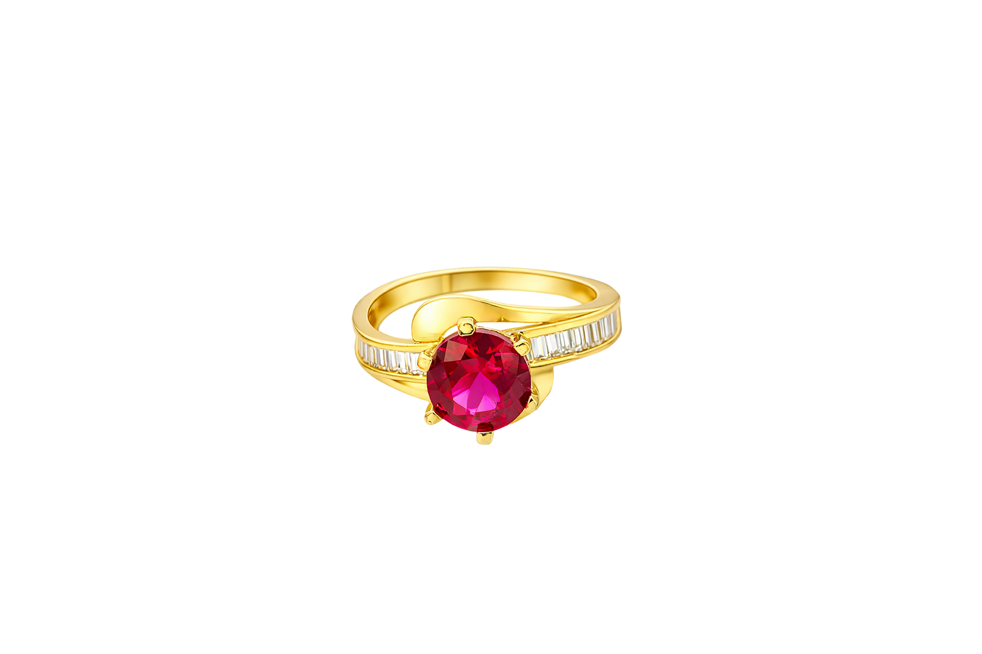 14KT Gold Ring Women's Round Red CZ Center Stone and Single Row White CZ Baguettes with "S" Band