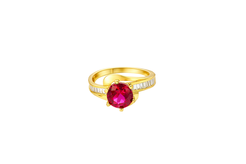 14KT Gold Ring Women's Round Red CZ Center Stone and Single Row White CZ Baguettes with "S" Band